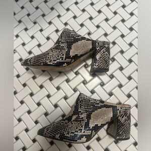 Marc Fisher Black and Tan Snakeskin Mules